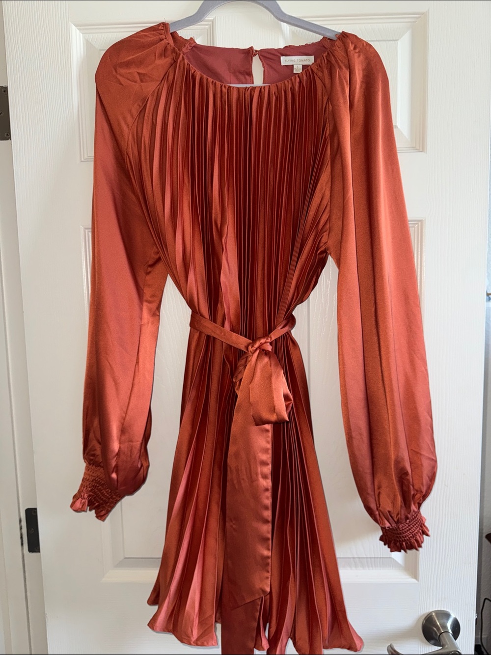 Flying Tomato Rust Satin Pleated Long-Sleeve Dress